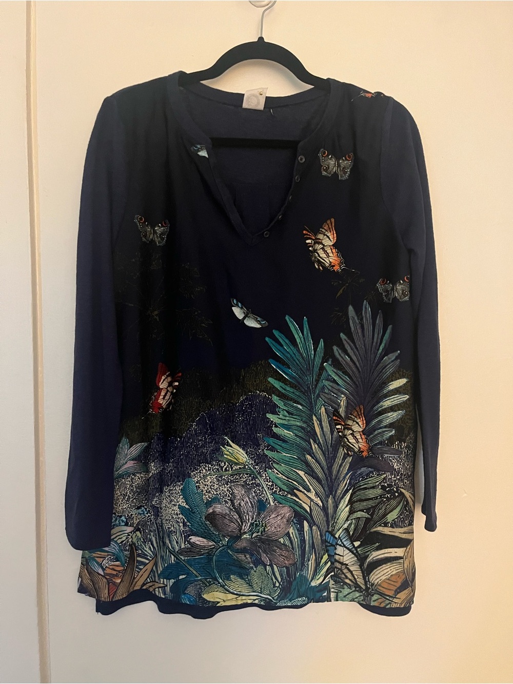Navy Botanical & Butterfly Long-Sleeve Henley Top